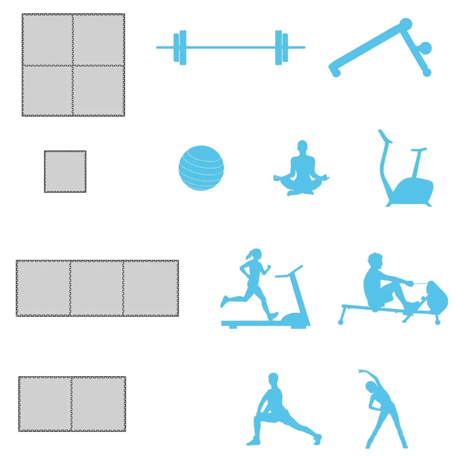 Graue Puzzle Fitnessmatten in verschiedenen Anordnungen mit Piktogrammen für Training, Yoga & Sportgeräte.