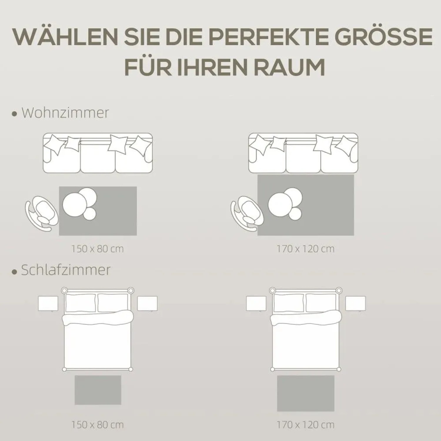 Größenratgeber für HOMCOM Teppich. Diagramme zeigen Teppichgrößen 150x80 cm und 170x120 cm in Wohn- und Schlafzimmern.
