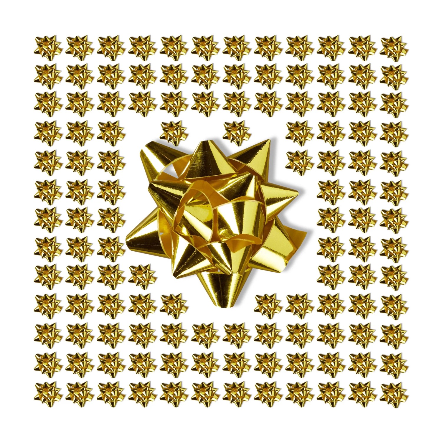 200 goldene, selbstklebende Geschenkschleifen. Eine große Zierschleife umgeben von vielen kleinen Dekoschleifen für Weihnachten & Geschenke.