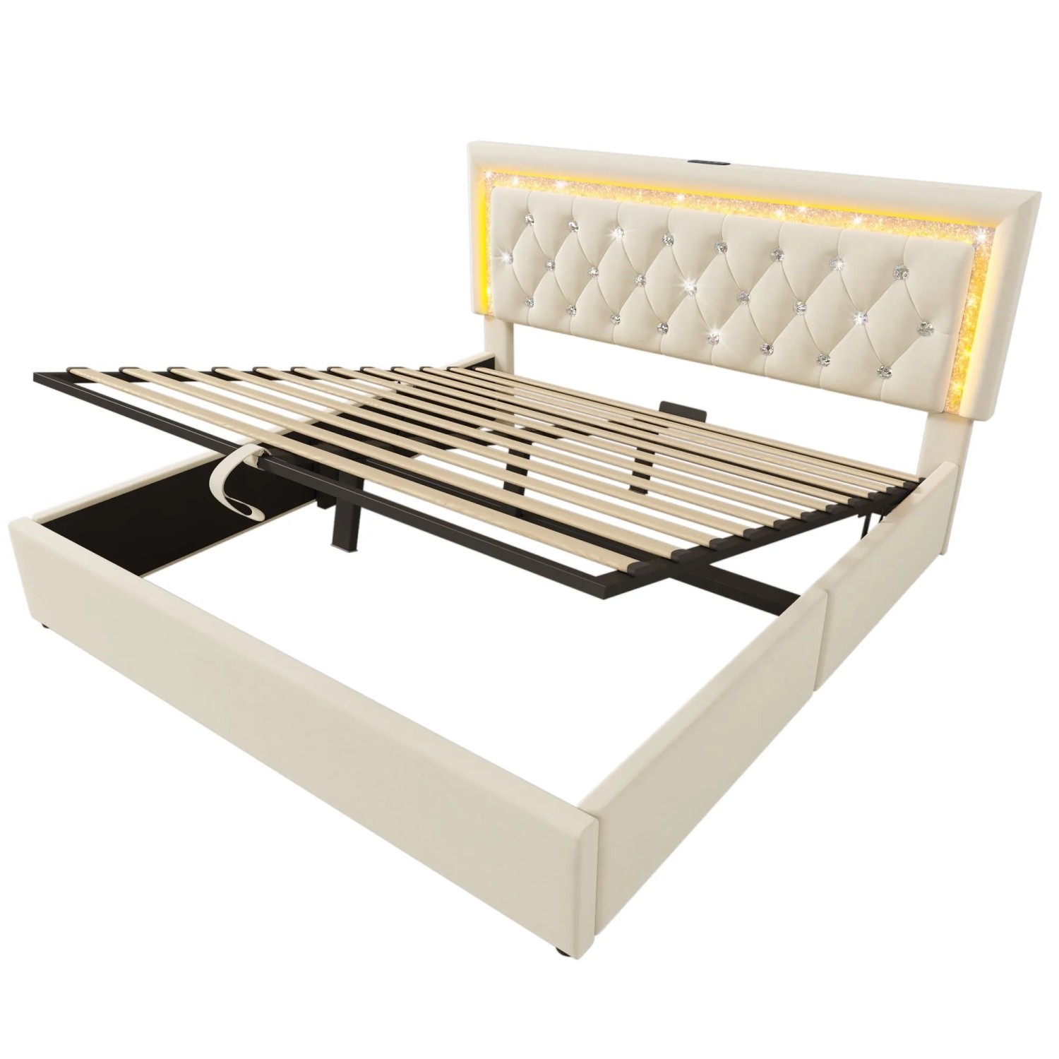 Merax Polsterbett 160x200cm LED USB-C Hydraulik Beige