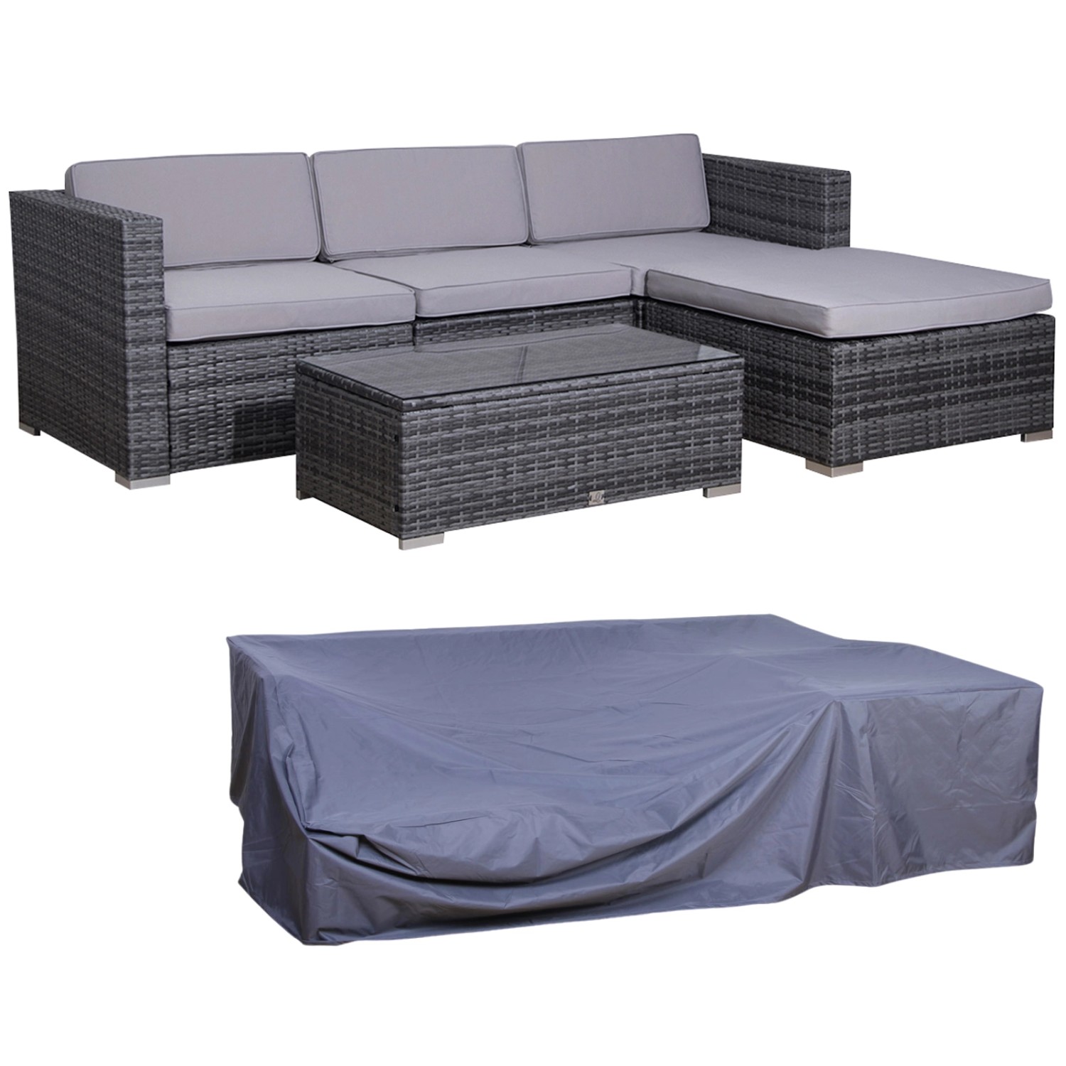 Svita California Garten-Lounge Set Mit Haube Polyrattan Gartenset Balkon-Set Rattan-Lounge Grau