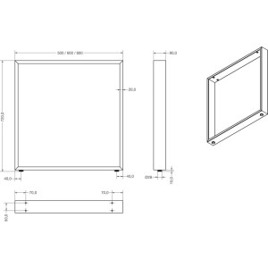 Technische Zeichnung der schwarzen Simausrom Tischkufe Frame aus Stahl, 800x720 mm, mit Maßen und Verstellgleitern.
