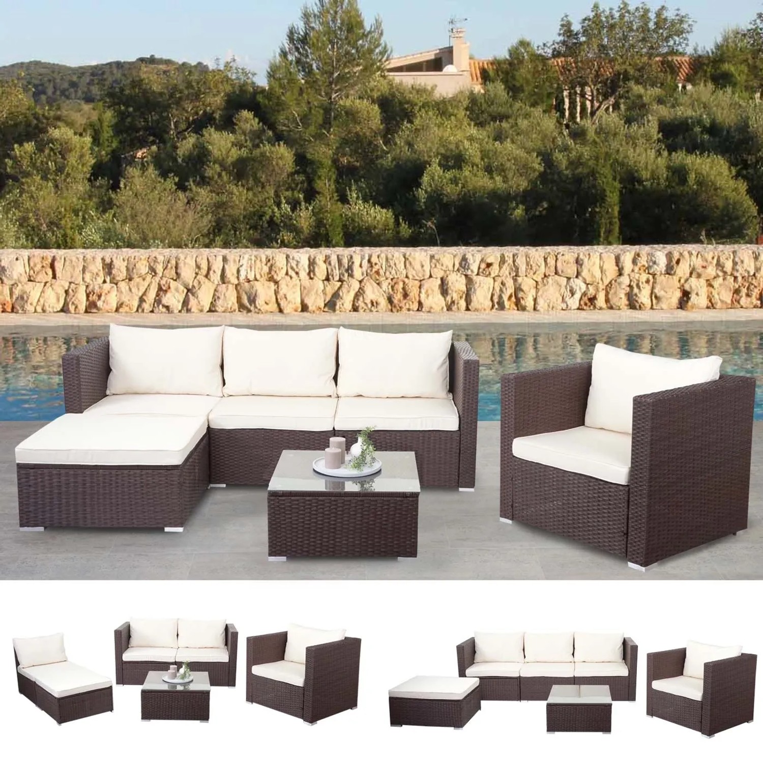 Braune Poly-Rattan Lounge-Garnitur Busto mit creme-farbenen Kissen und Glas-Tisch für Garten oder Terrasse.