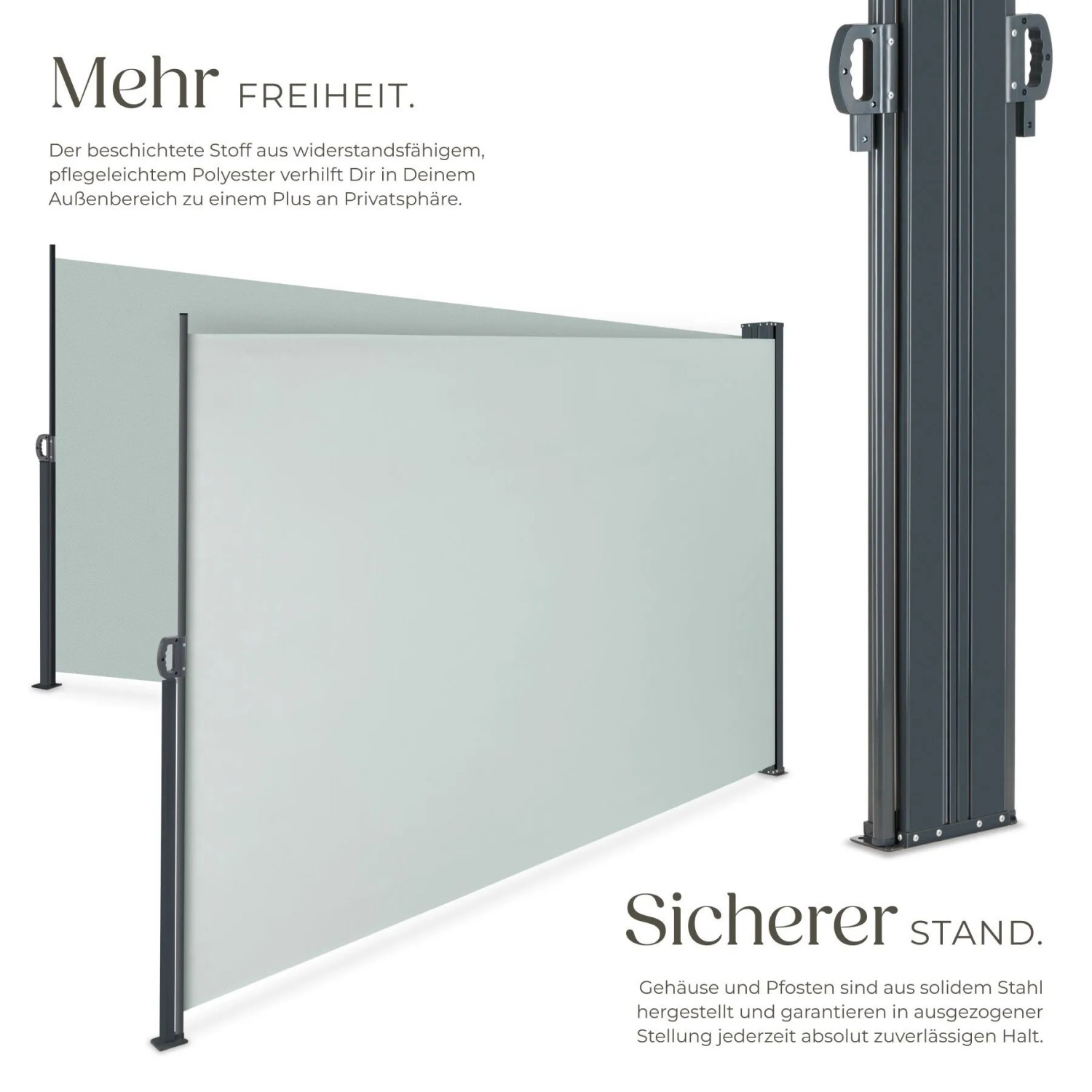 Graue Tectake Doppel Seitenmarkise, 180x600 cm, ausgezogen als blickdichter Wetter- & Sonnenschutz für Terrasse/Garten.