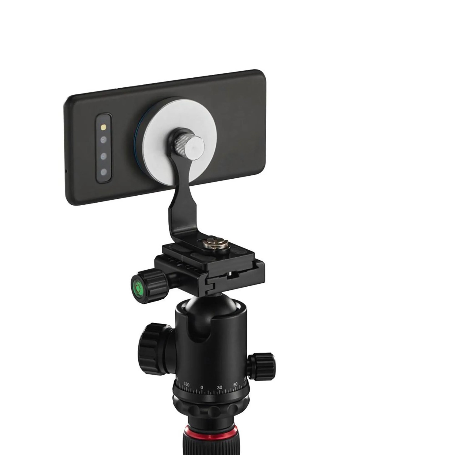 Schwarze magnetische Hama Stativ-Handyhalterung mit silbernem Puck hält Smartphone am Stativ. Handy-Zubehör.