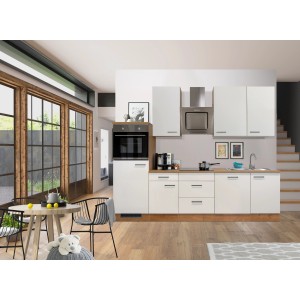 Helle Flex-Well Küchenzeile Vintea 280 cm in Magnolia-Lancelot Oak mit E-Geräten.