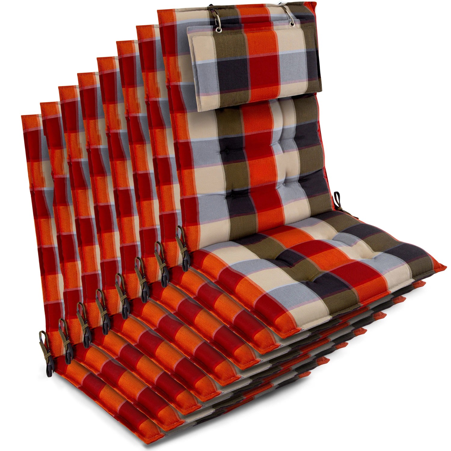 Beautissu 8er Set Sun-HL Hochlehner Auflage 120x50x8cm Orange-Beige-Kariert
