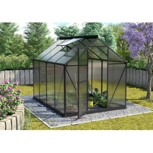 Schwarzes Vitavia Gewächshaus Triton 5000 HKP mit geöffneter Tür im Garten.