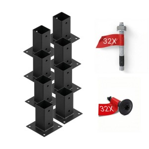 8 schwarze pulverbeschichtete Aufschraubhülsen 71mm für Vierkantpfosten. Komplettset Pfostenträger mit Befestigungsmaterial.