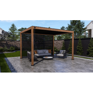 Leco Lamellenpergola Deluxe 3x4m in Holzoptik mit Sitzgruppe im Garten.