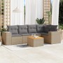 Beige 6-tlg. Garten-Sofagarnitur aus Polyrattan mit grauen Kissen und Tisch mit Akazienholzplatte.