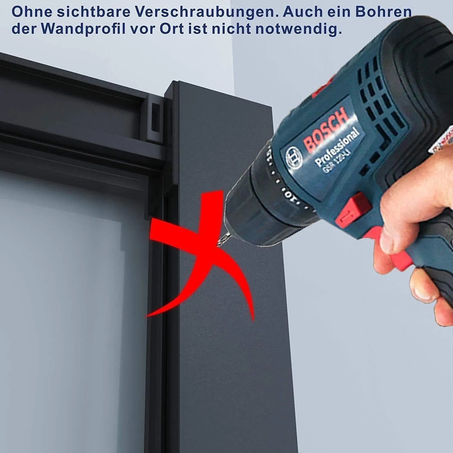 Aquabatos Runddusche: Bohrer mit rotem X am schwarzmatten Wandprofil. Keine Bohrung für einfache Duschkabinen-Installation nötig.