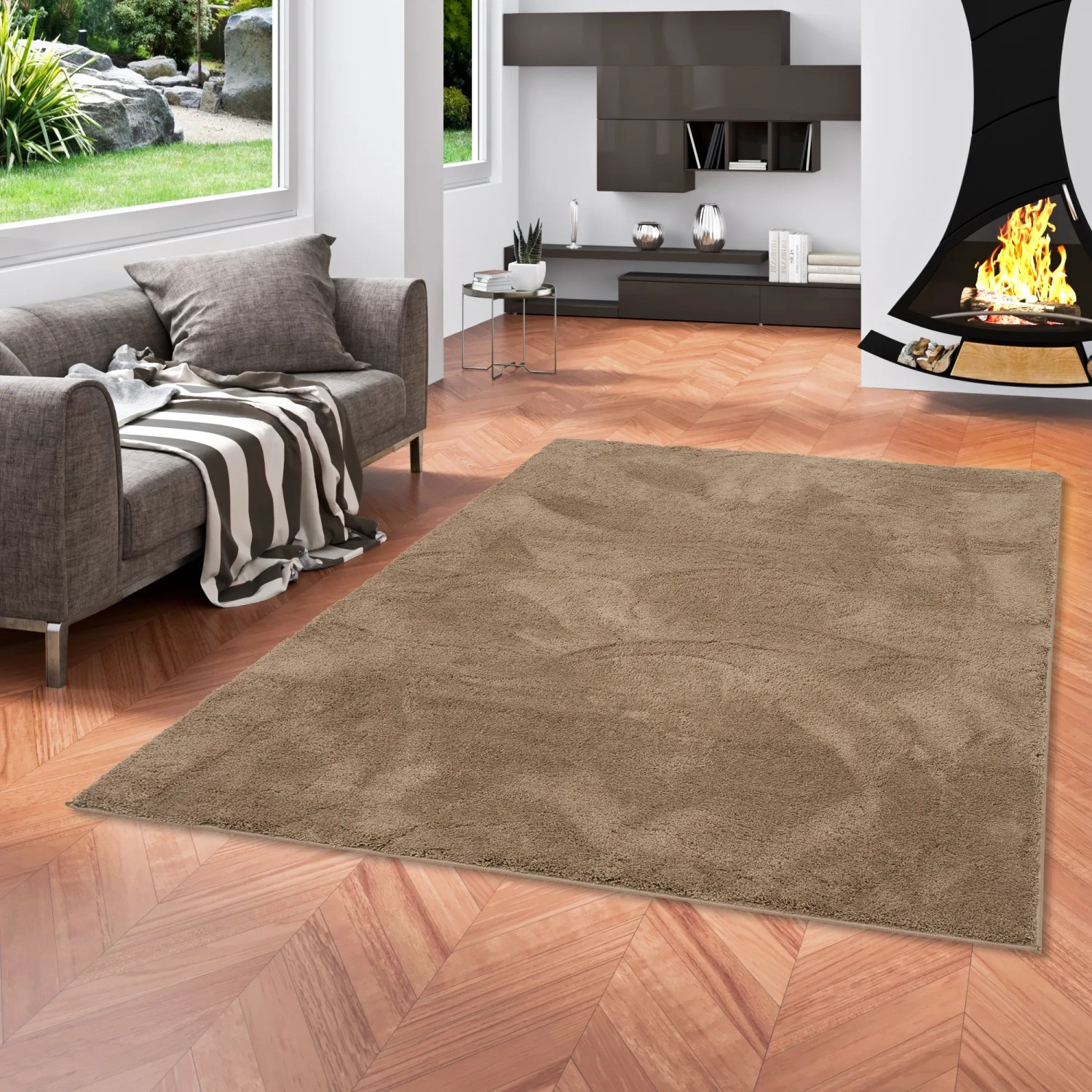 Pergamon Hochflor Teppich Silky Taupe, 120x170cm. Weicher Langflor Teppich im Wohnzimmer.