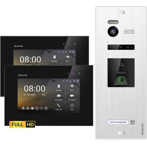 Balter EVO-HD Video-Türsprechanlage mit Fingerprint, Silber-Schwarz, mit 2 Monitoren und Türstation.