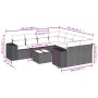 vidaXL 9-tlg. Garten-Sofagarnitur, schwarzes Poly Rattan mit Kissen, Maße eingezeichnet.