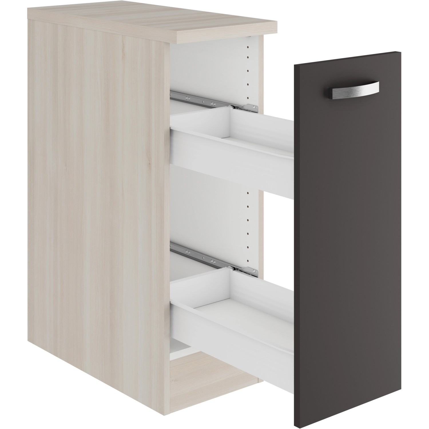 OPTIFIT Faro220 Küchenunterschrank, 30 cm, Anthrazit mit zwei Schubladen und Akazie Dekor.