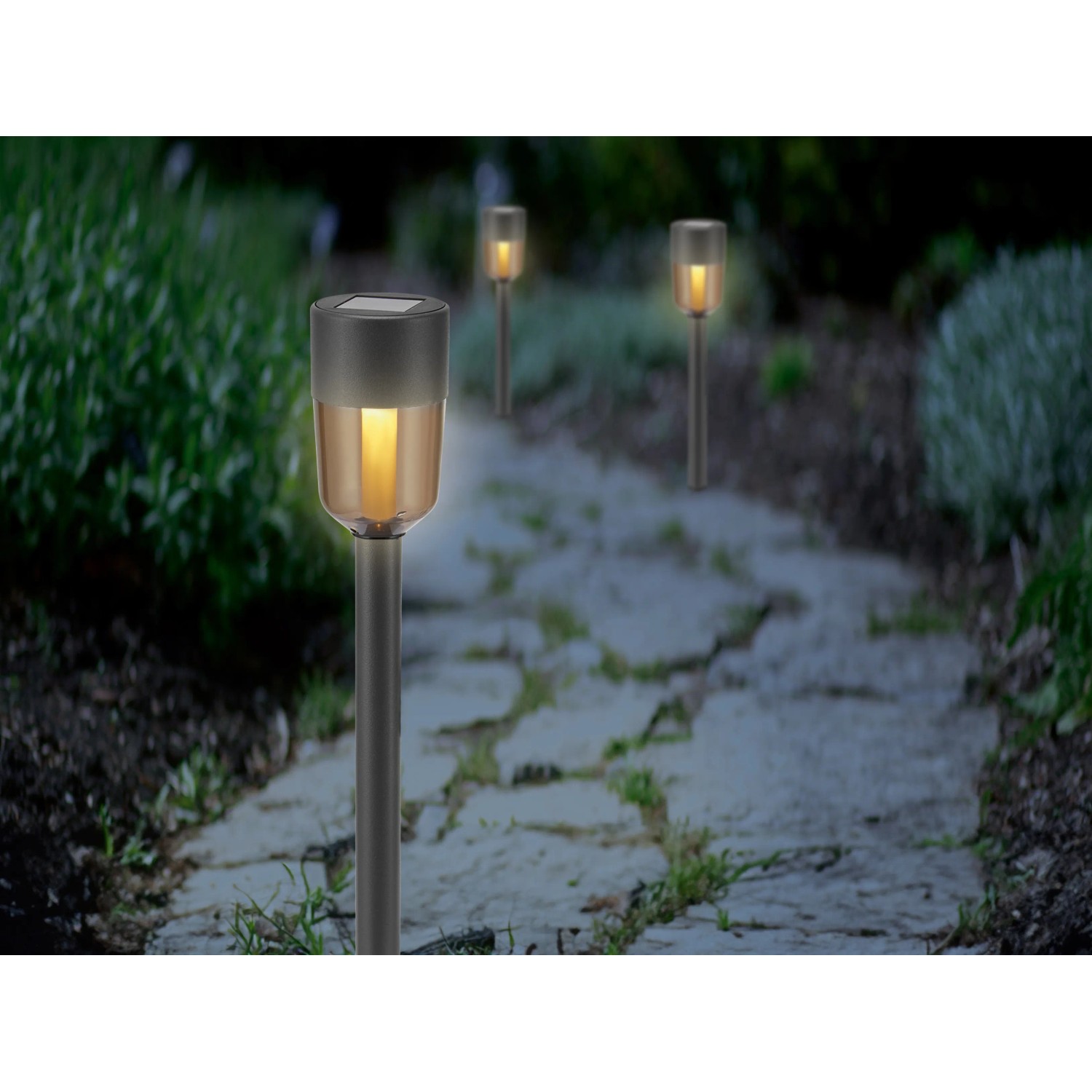 4er-Set Solar-Wegeleuchten Marsala aus Edelstahl und Kunststoff, warmweißes LED-Licht.