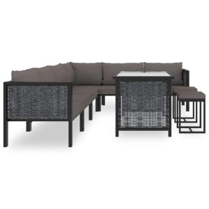 Anthrazitfarbenes 9-tlg. Garten Lounge Set aus Poly Rattan mit Tisch und Hockern.
