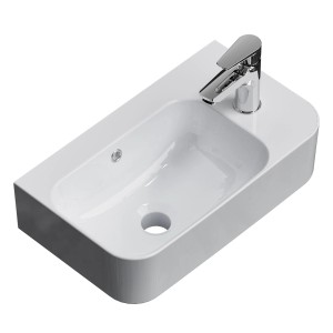 Rechteckiges, hochweißes Emke Wandwaschbecken aus Keramik mit Hahnloch und Armatur.