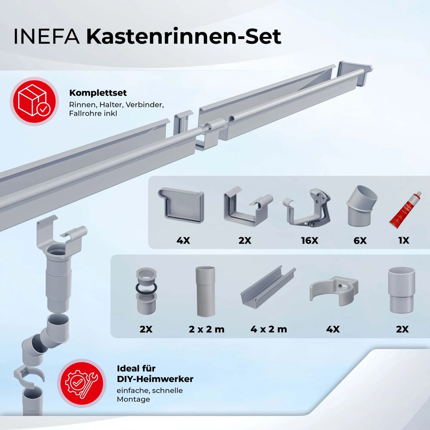 Inefa Dachrinnen Set, 2x4m, NW 68, Kastenrinne, weiß, mit Zubehör für Dachentwässerung.