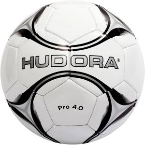 Weißer Hudora Fußball Pro 4.0 Größe 5 aus Kunstfasergewebe mit schwarzen Akzenten.