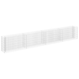 Leerer, silberner Gabionen-Hochbeet-Korb aus Stahl, 360x30x60 cm, für Steine im Garten.