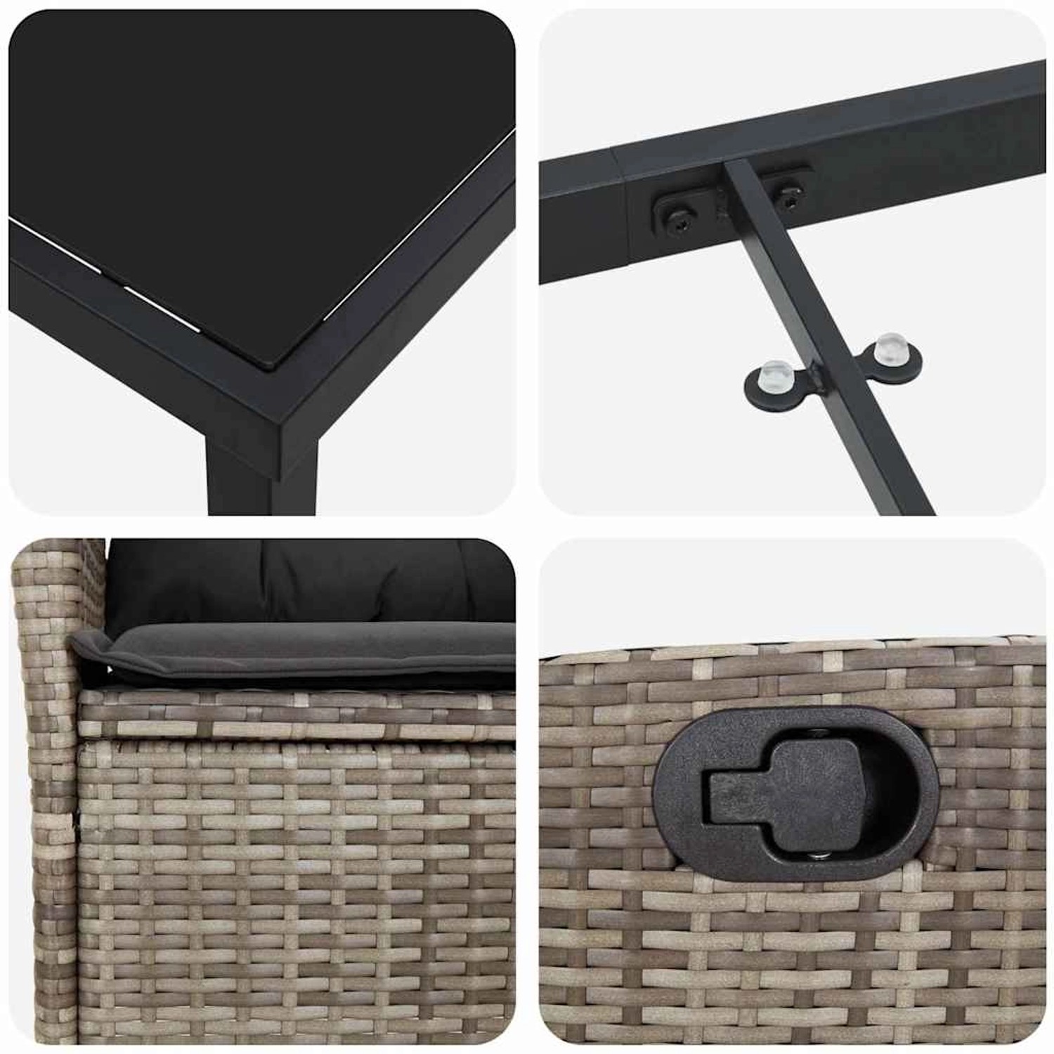 Detailansichten der grauen vidaXL Garten Essgruppe, 5-teilig, aus Polyrattan: Tischplatte, Gestell und Stuhlgeflecht.