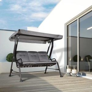 Graue Outsunny Hollywoodschaukel 3-Sitzer mit verstellbarem Sonnendach auf einer modernen Terrasse.