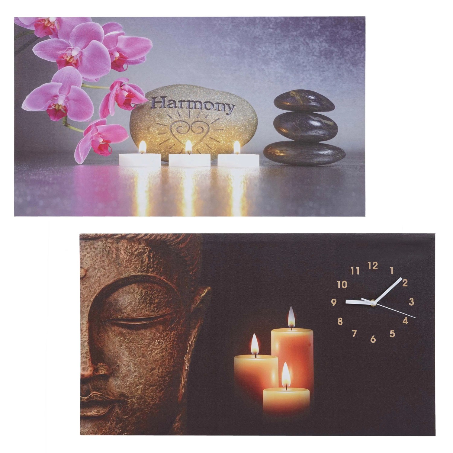 MCW 2er-Set LED-Bild Timer Buddha/Harmony Wanduhr 70x40cm