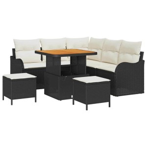vidaXL Garten-Sofa-Set, 8-teilig, schwarz, Poly Rattan, mit Tisch und Hockern.
