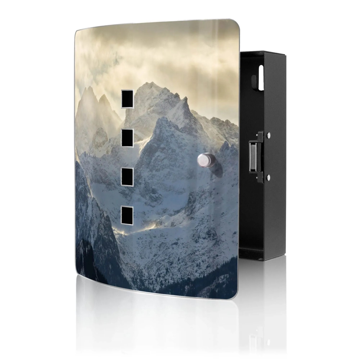 Banjado Design Schlüsselkasten Aus Edelstahl Für 10 Schlüssel 24x21,5x7cm Mit Magnetverschluss Motiv Alpen im Sonnenschein