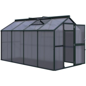 KGT Gewächshaus Galant IV, 8,8 m², Tannengrün mit geöffneter Tür und Dachfenster.