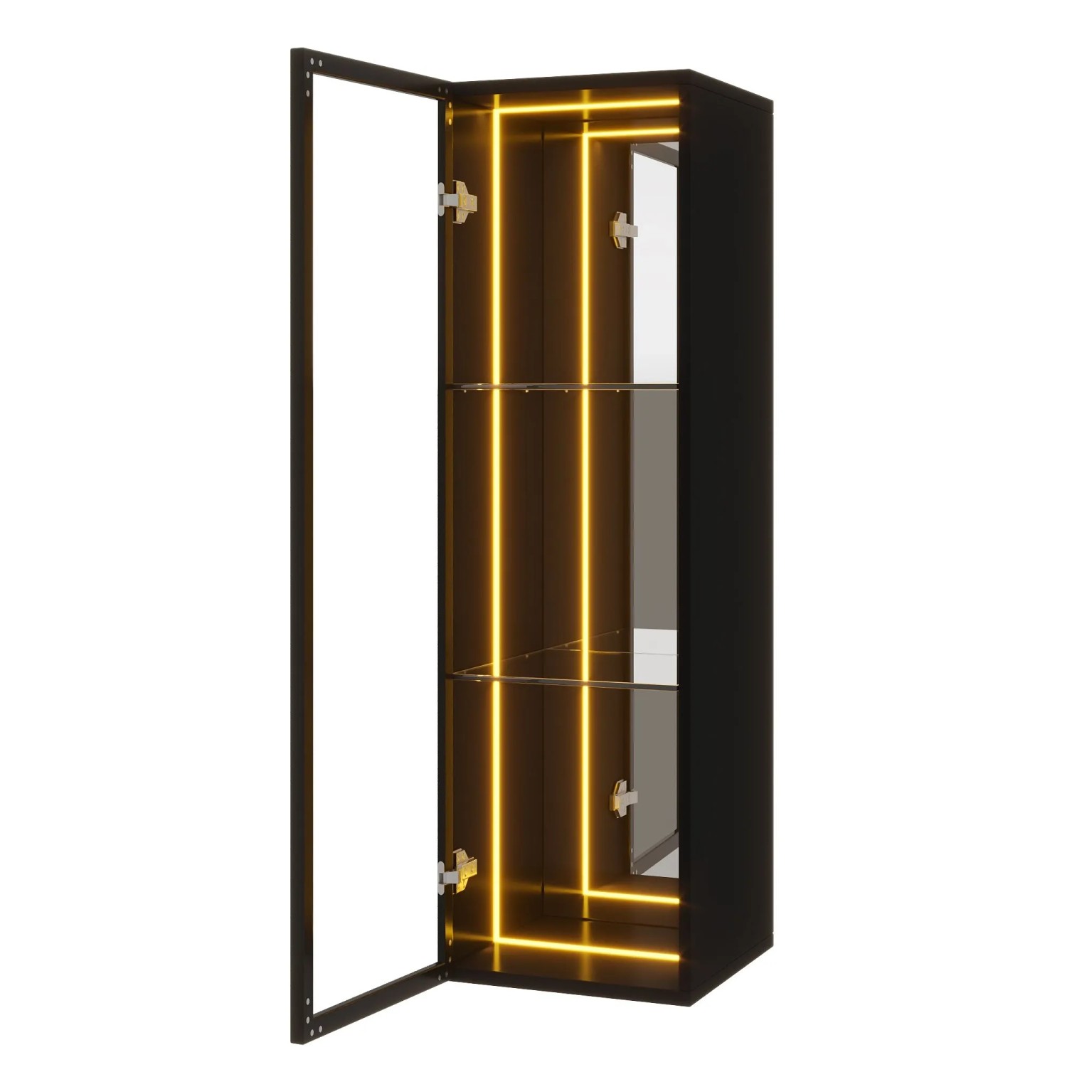 okwish Vitrine mit Aluminiumrahmen LED Lichtleiste Wohnzimmer 30x30x90cm Schwarz