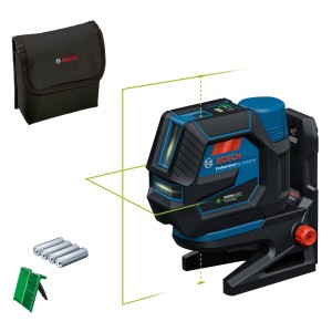 Bosch Professional GCL 12V-50-22 CG Kombilaser mit Zubehör und grünen Laserlinien.
