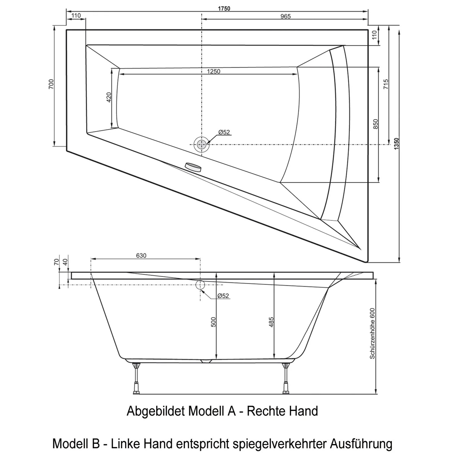 Technische Zeichnung Eckbadewanne Galia II rechts, 175x135x70 cm mit Maßangaben.