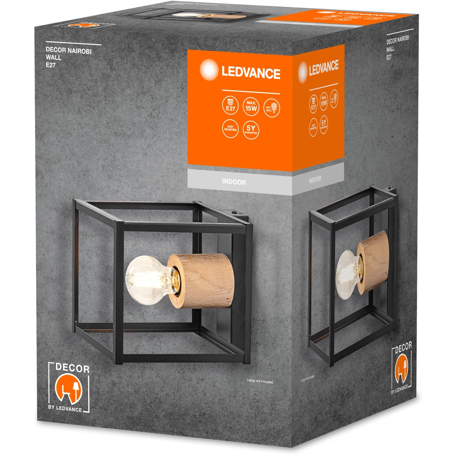 Ledvance Wandlampe Decor Nairobi, schwarz, 17cm. Wandleuchte mit E27 Fassung aus Metall und Holz.