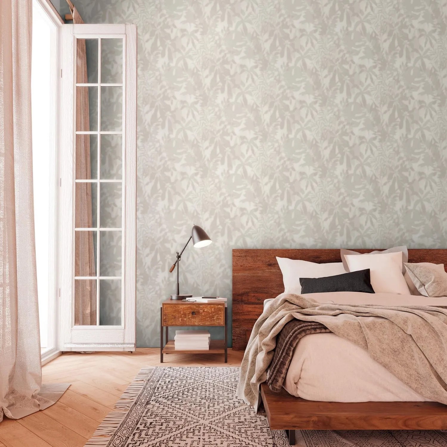 PROFHOME Vliestapete mit floralem Muster in Grau und Beige im Schlafzimmer.