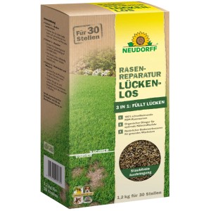 Braune Neudorff Rasenreparatur Lückenlos 1,2 kg Packung mit Rasensamen, Dünger & Bodenverbesserer. Zeigt Vorher/Nachher Rasen.