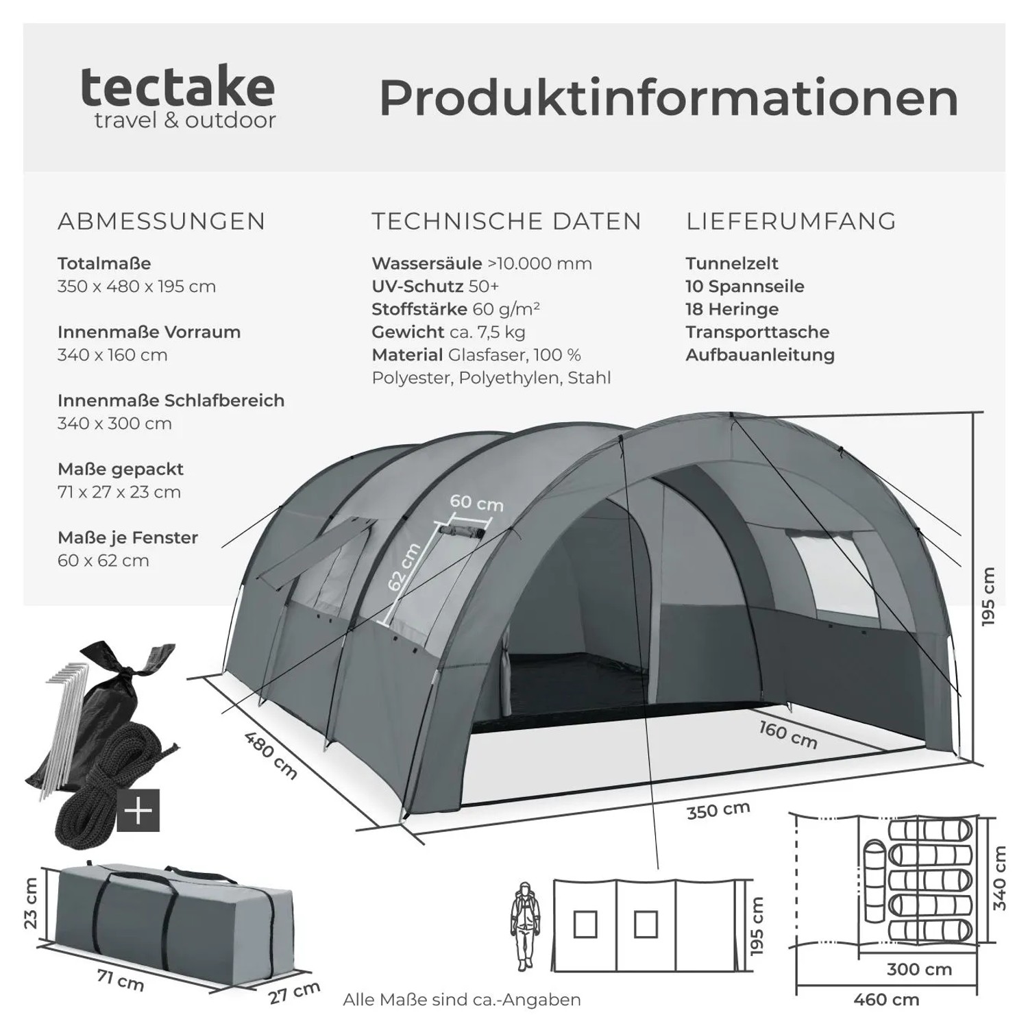 Tectake Tunnelzelt Roskilde Für 6 Personen Mit Vorzelt und Bodenplane Uv Schutz 50 480 x 350 x 195 cm Hellgrau Dunkelgrau_6