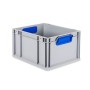 Graue PROREGAL Eurobox mit blauem Scharnierdeckel und Griffen. Aufbewahrungsbox für Industrie und Gewerbe.
