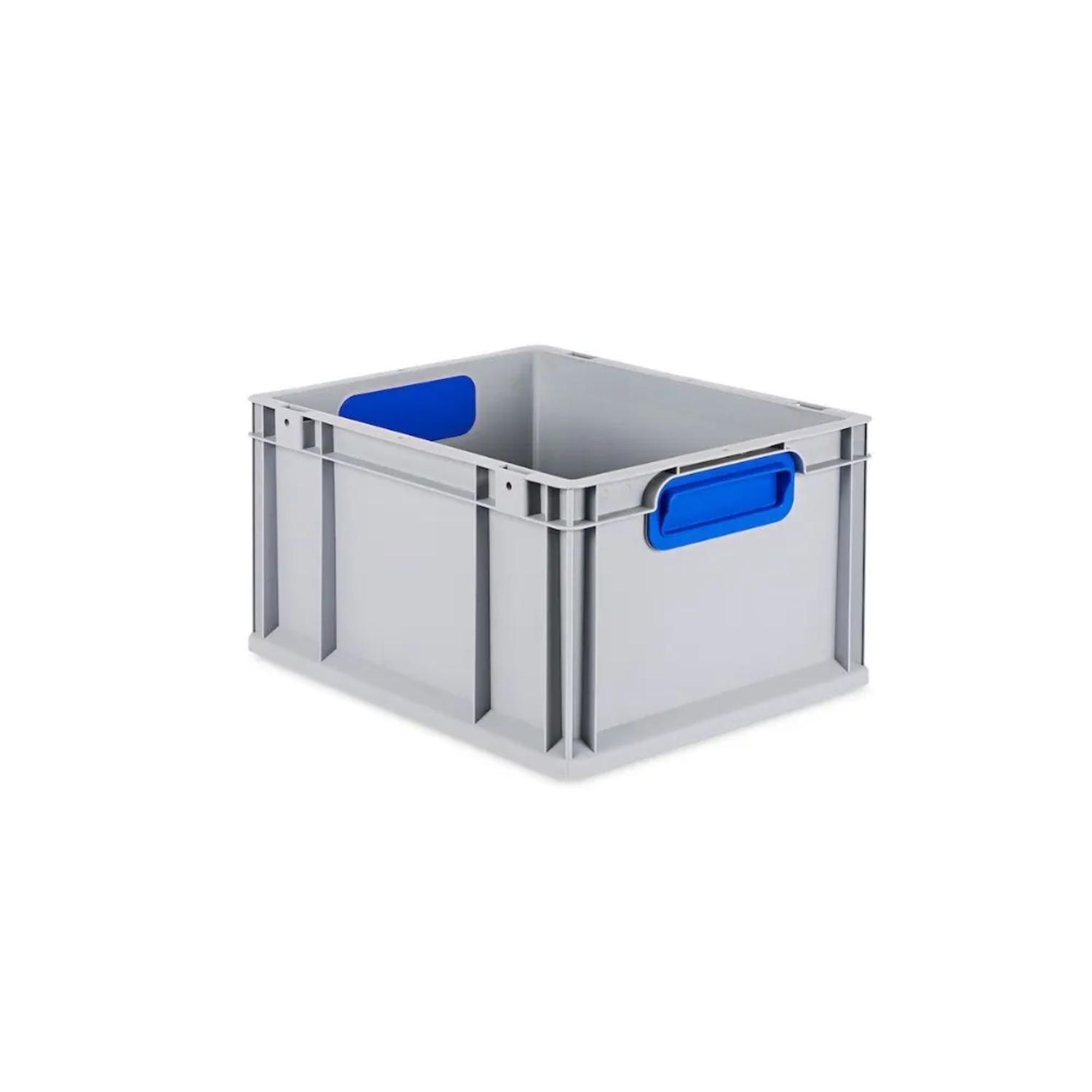 Graue PROREGAL Eurobox mit blauem Scharnierdeckel und Griffen. Aufbewahrungsbox für Industrie und Gewerbe.