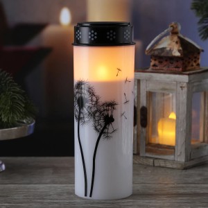 Weißes LED Grablicht mit Pusteblumen-Motiv, 21cm hoch, für stimmungsvolle Trauerdekoration.