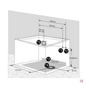 Skizze der AquaVapore Senioren Sitzbadewanne S07-C-L 140cm mit Maßangaben.