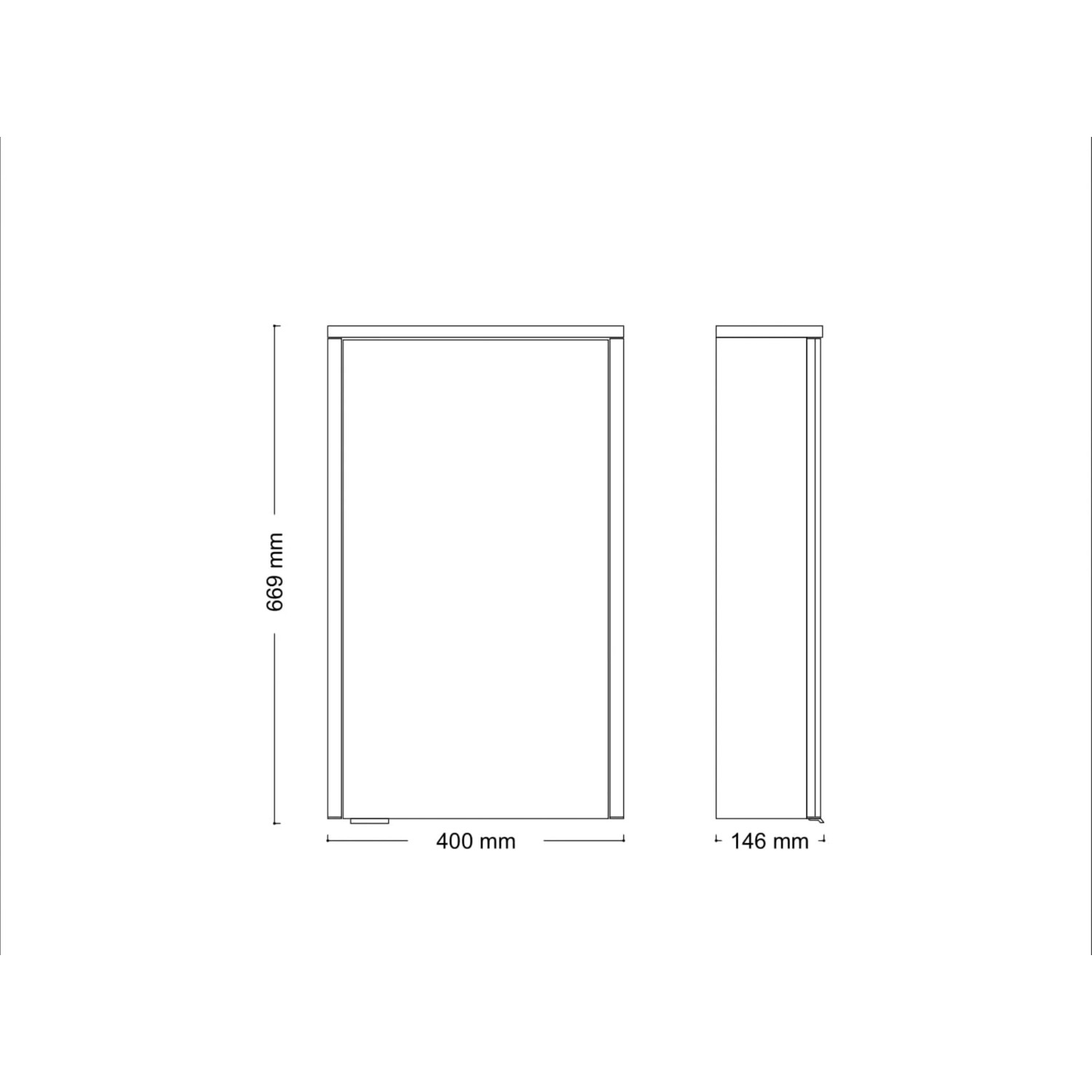 Technische Zeichnung Sieper Spiegelschrank Gabun, 40x66,9 cm, weiß hochglanz, mit Maßangaben.