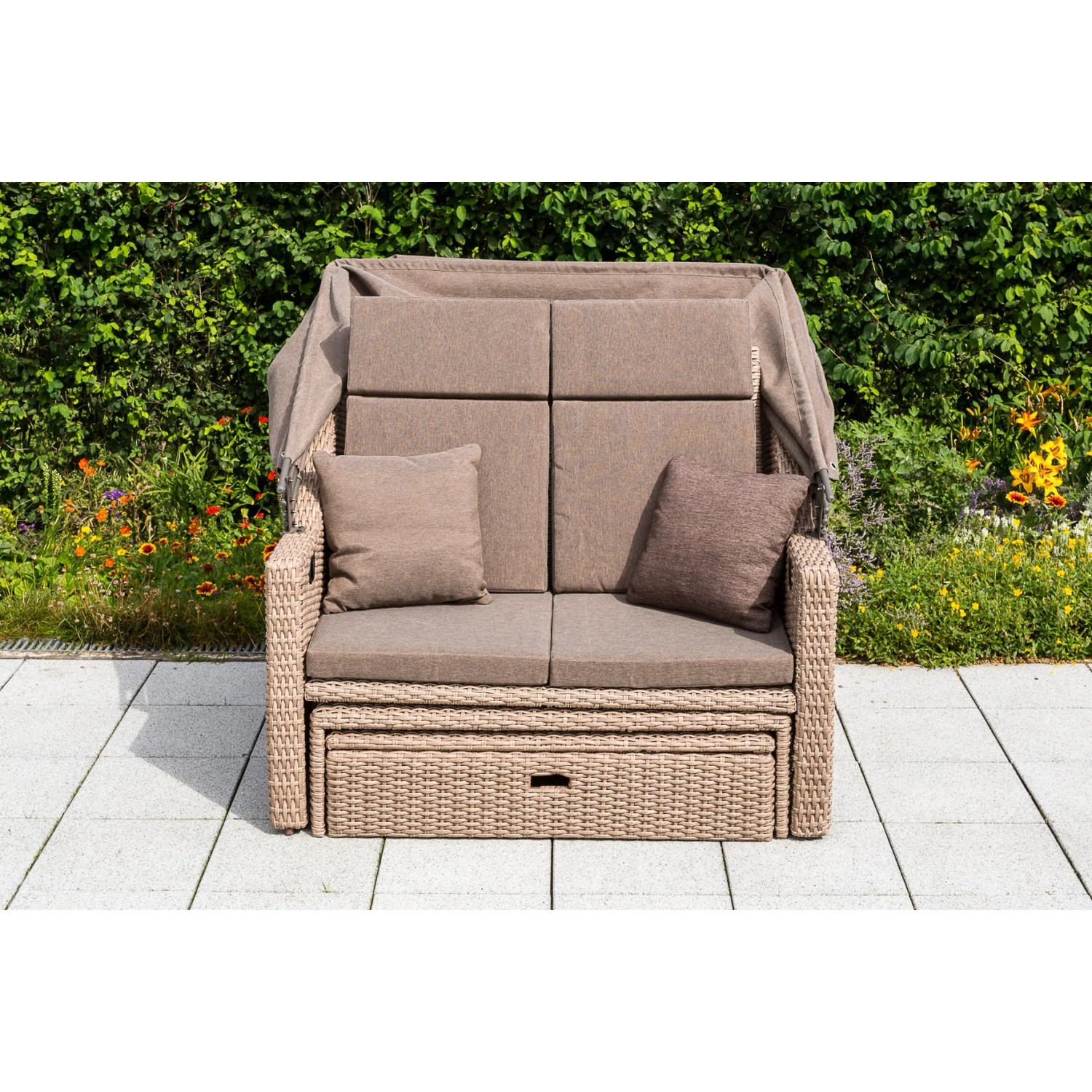 Gartenbank Rimini Natur mit Hülle, Lounge-Gartenmöbel aus Polyrattan mit Kissen und verstellbarer Rückenlehne.