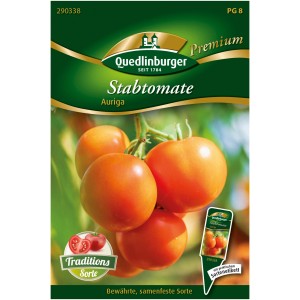 Samenpackung Quedlinburger Stab-Tomate Auriga mit orangefarbenen Tomaten.