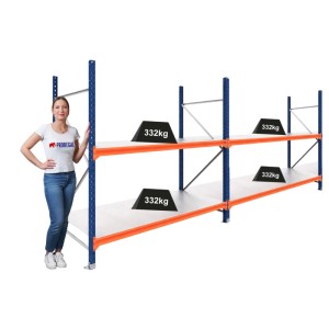 PROREGAL DOMINUS Weitspannregal, 2 Felder, 2 Ebenen, blau/orange, mit Stahlplatten-Fachböden und 332 kg Lastanzeige.