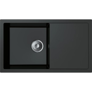 Schwarze Miló Einbauspüle Blissano aus Granitverbundstoff, eckiges Design mit Abtropffläche.