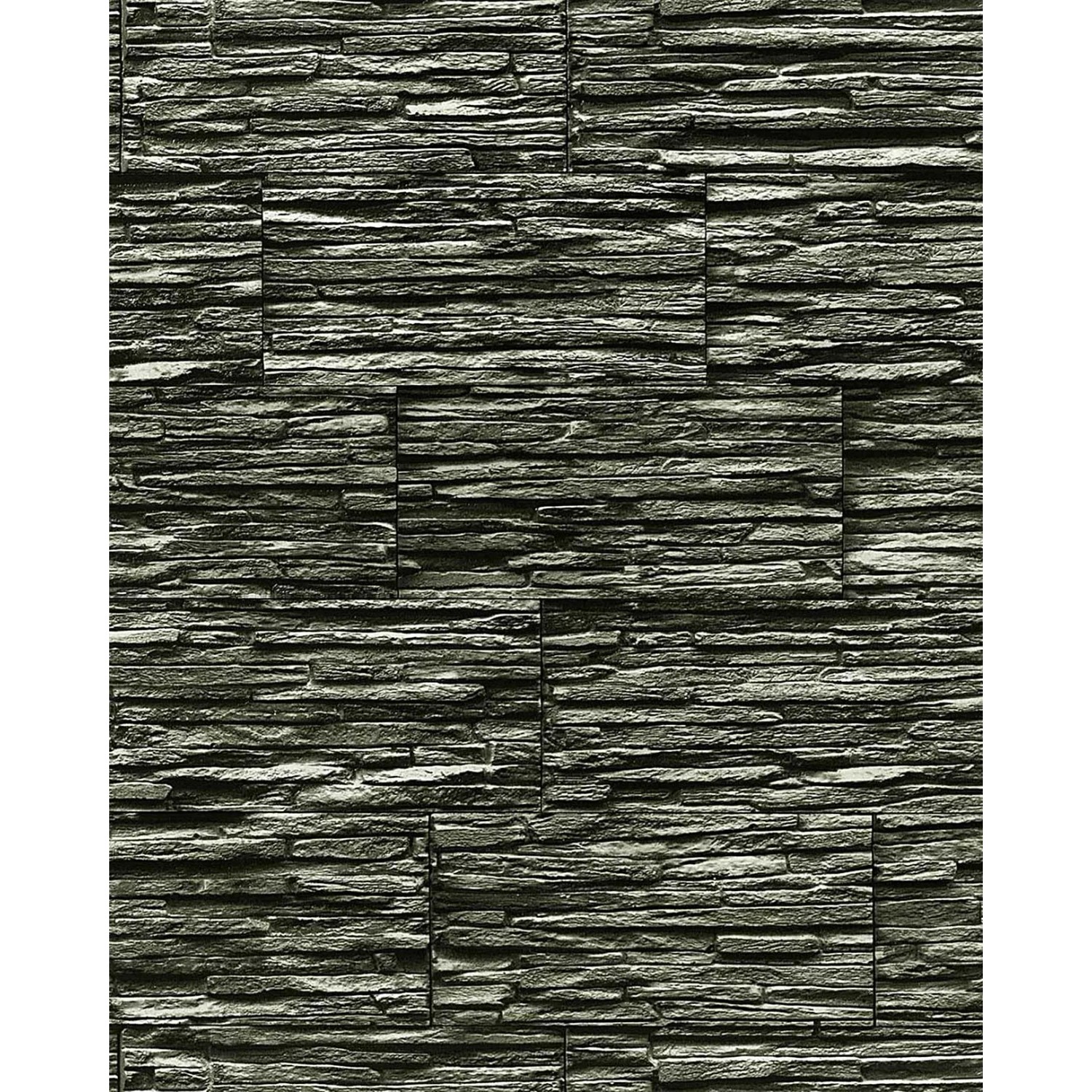 Schwarze Steintapete mit Naturstein-Optik, hochwaschbar, für Wohnräume.
