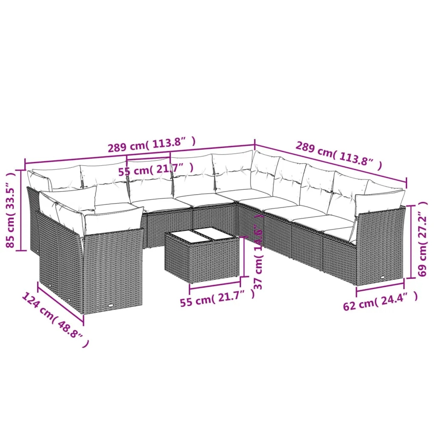 Braune 12-tlg. vidaXL Garten-Sofagarnitur aus Poly Rattan mit Kissen und Tisch.